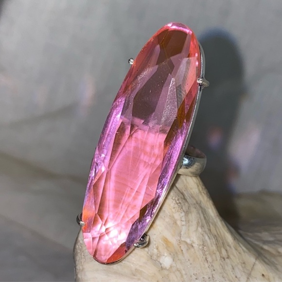 Artisan Jewelry - Gorgeous Pink Quartz Handcrafted 925 Sterling Elongated Faceted Ring